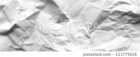 Crumpled paper halftone texture. Dotted rough wrinkled background. Old creased paper page wallpaper. Comic pop art grain overlay. Aged damaged gritty page in cartoon style. Vector crumpled surface 123775628