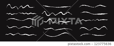 Hand drawn chalk wavy line set. White pastel squiggle underline and stroke collection. Crayon wave brushstroke bundles. Rough sketch marks and highlights for divide, separate and emphasis. Vector 123775636