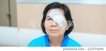 Elderly Woman with eye protective shield after eye surgery. Eye disease, Cataract, Glaucoma, Age Related Macular Degeneration, Diabetic Retinopathy, Vitreous, Lasik, World Glaucoma day and health Elderly Woman with eye protective shield after eye surgery. Eye disease, Cataract, Glaucoma, Age Related Macular Degeneration, Diabetic Retinopathy, Vitreous, Lasik, World Glaucoma day and health 123775649