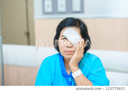 Elderly Woman with eye protective shield after eye surgery. Eye disease, Cataract,  Glaucoma, Age Related Macular Degeneration, Diabetic Retinopathy, Vitreous, Lasik, World Glaucoma day and health 123775651