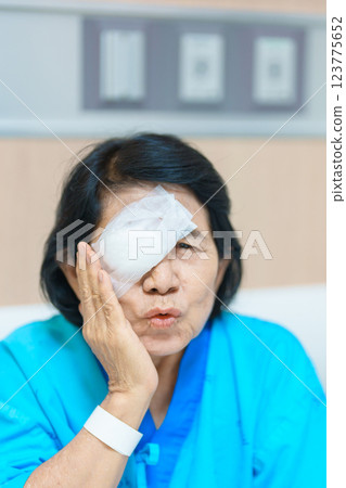 Elderly Woman with eye protective shield after eye surgery. Eye disease, Cataract, Glaucoma, Age Related Macular Degeneration, Diabetic Retinopathy, Vitreous, Lasik, World Glaucoma day and health Elderly Woman with eye protective shield after eye surgery. Eye disease, Cataract, Glaucoma, Age Related Macular Degeneration, Diabetic Retinopathy, Vitreous, Lasik, World Glaucoma day and health 123775652