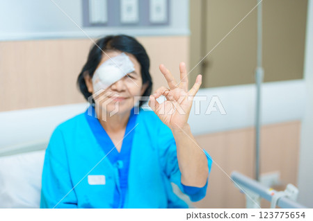 Elderly Woman with eye protective shield after eye surgery. Eye disease, Cataract, Glaucoma, Age Related Macular Degeneration, Diabetic Retinopathy, Vitreous, Lasik, World Glaucoma day and health Elderly Woman with eye protective shield after eye surgery. Eye disease, Cataract, Glaucoma, Age Related Macular Degeneration, Diabetic Retinopathy, Vitreous, Lasik, World Glaucoma day and health 123775654