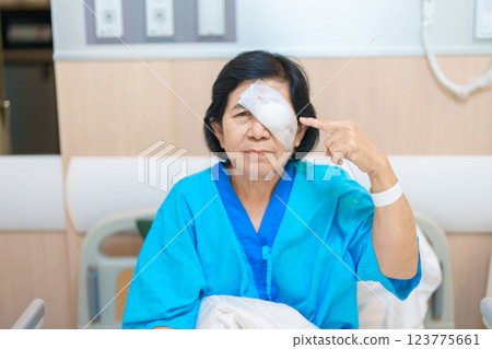 Elderly Woman with eye protective shield after eye surgery. Eye disease, Cataract,  Glaucoma, Age Related Macular Degeneration, Diabetic Retinopathy, Vitreous, Lasik, World Glaucoma day and health 123775661