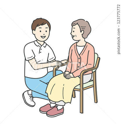 Full-body illustration of an elderly woman sitting in a chair and a male caregiver providing assistance 123775772