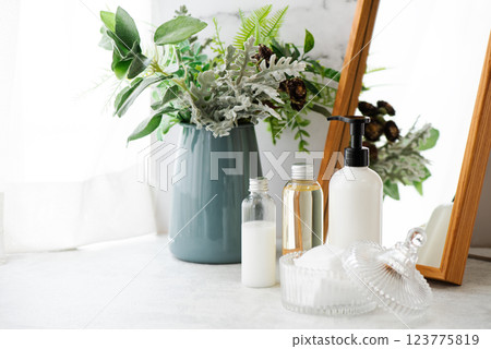 Skin care image by the window with cosmetics and a vase Skin care image by the window with cosmetics and a vase 123775819