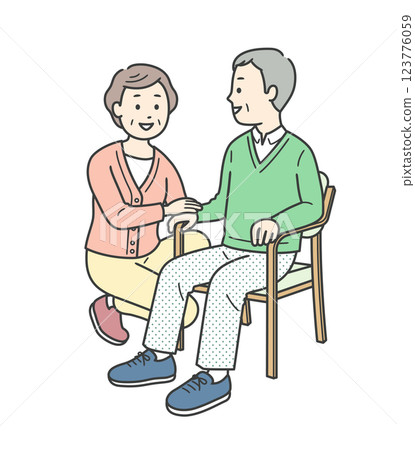 Full-body illustration of an elderly woman having a conversation with an elderly man sitting in a chair 123776059