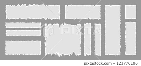 Set of Jagged Rectangle. Torn paper sheet for stickers or collages. Zig zag Wavy Edge elements isolated on gray background. Vector illustration in grunge style Set of Jagged Rectangle. Torn paper sheet for stickers or collages. Zig zag Wavy Edge elements isolated on gray background. Vector illustration in grunge style 123776196