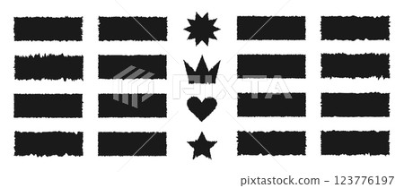 Jagged Rectangle. Black grunge frames. Square, heart, crown shaped with torn paper effect. Ripped shapes silhouettes isolated on white background. Vector illustration Jagged Rectangle. Black grunge frames. Square, heart, crown shaped with torn paper effect. Ripped shapes silhouettes isolated on white background. Vector illustration 123776197