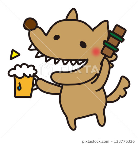 一隻不那麼可怕的狼,手裡拿著烤雞肉串敬酒 一隻不那麼可怕的狼,手裡拿著烤雞肉串敬酒 123776326