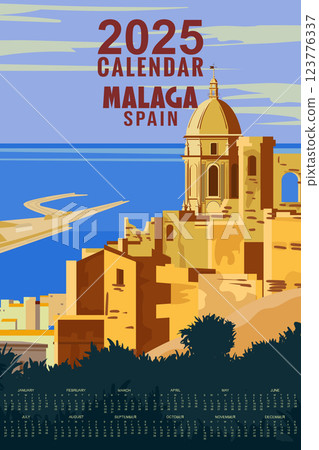 Monthly 2025 Calendar Travel poster Malaga Spain, tropical resort Monthly 2025 Calendar Travel poster Malaga Spain, tropical resort 123776337