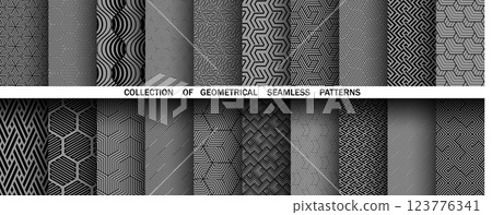Geometric set of seamless black and gray patterns. Simple vector graphics Geometric set of seamless black and gray patterns. Simple vector graphics 123776341