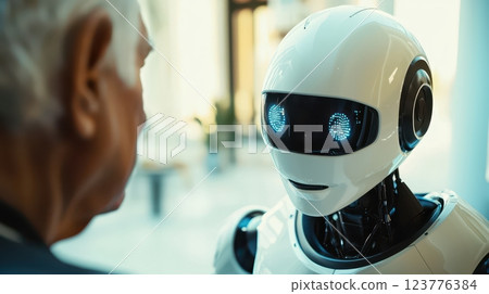 Robot and Elderly Man Having Conversation 123776384