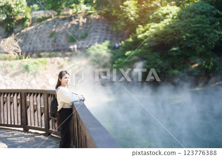 woman traveler traveling in Taiwan, female Tourist sightseeing at Beitou Hot Spring, Taipei City. Popular landmark and attractions. Asia Travel and vacation concept 123776388
