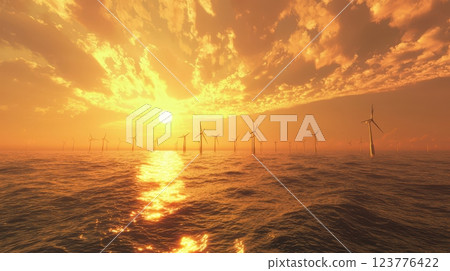 Offshore Wind Turbines at Sunset Over Calm Ocean Waters 123776422