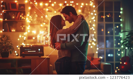 Couple Embracing and Sharing a Tender Moment with Lights in Background 123776423