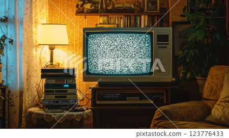 Vintage TV and Retro Electronics with Static Screen 123776433