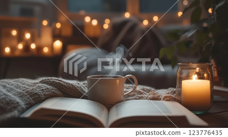 Cozy Reading Corner with Tea and Candles 123776435