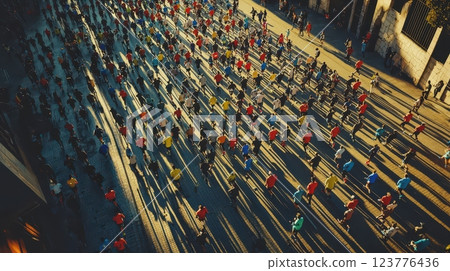 Crowd of Runners in a Marathon During Sunset Crowd of Runners in a Marathon During Sunset 123776436