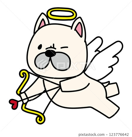 French bulldog dressed as an angel pulling a heart-shaped bow and arrow 123776642