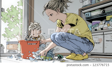 Young mother playing with her child at home 123776715