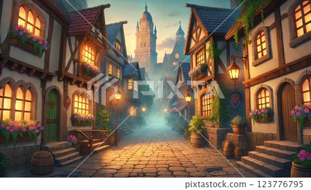 A medieval European cityscape with warm lights at night 123776795