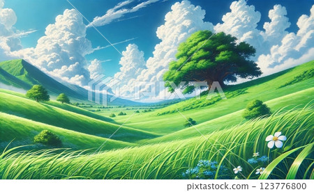 遼闊的草原和藍天上飄浮的積雨雲的美麗風景 123776800