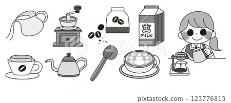 A set of coffee shop staff and various coffee-related motifs 123776813