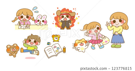 Set of children studying and running errands with animals 123776815