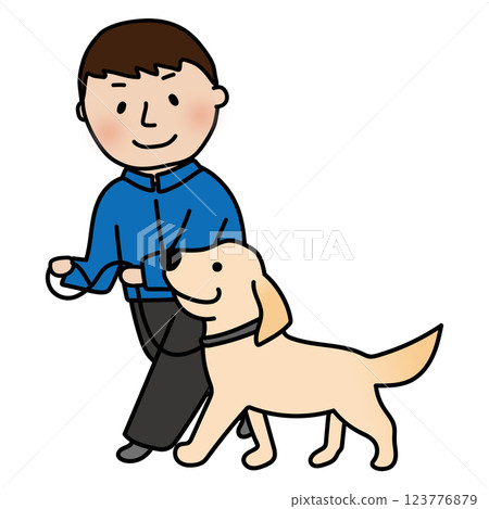 一隻垂耳狗正在與一位雄性訓犬師練習跟隨行走 123776879