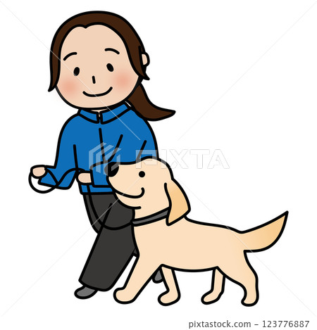 A droopy-eared dog practicing heel walking with a female dog trainer 123776887