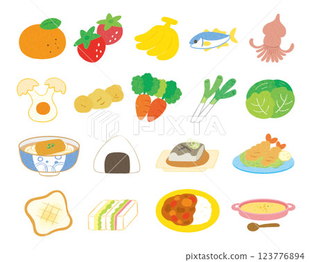 食物套裝包括水果、蔬菜、魚、日本料理、咖哩、麵包等。 123776894