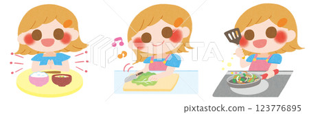 一位婦女做飯和吃飯的插圖 123776895