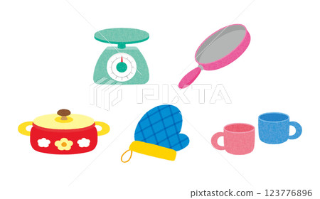 A set of cooking utensils including a frying pan, pot, scales, and mittens 123776896