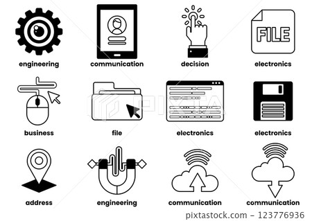 The image is a collection of icons for various technology-related concepts The image is a collection of icons for various technology-related concepts 123776936