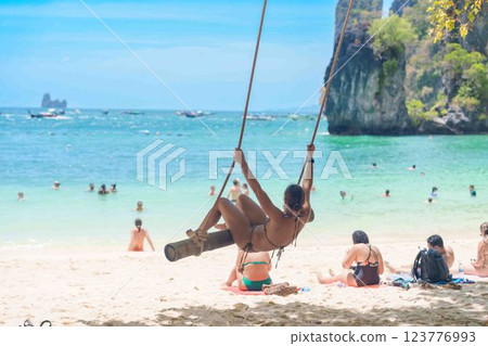 Tourists enjoy on beach at koh Hong island in Krabi, Thailand. Krabi, Thailand, 20 February 2025 123776993