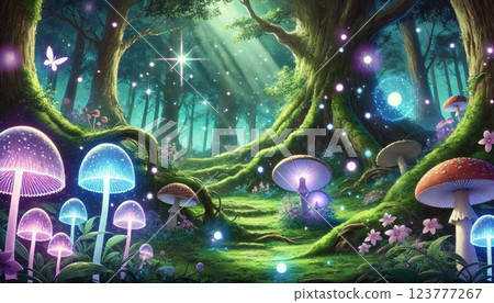 神秘的景觀，擁有奇妙的魔法森林和發光的蘑菇 123777267