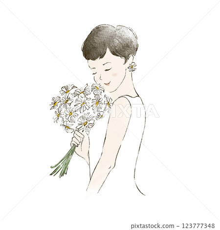 Illustration of a woman holding a bouquet of flowers, watercolor style 123777348