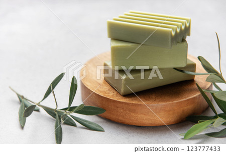 Handcrafted olive soap bars exude natural freshness, promoting gentle cleansing and skincare 123777433