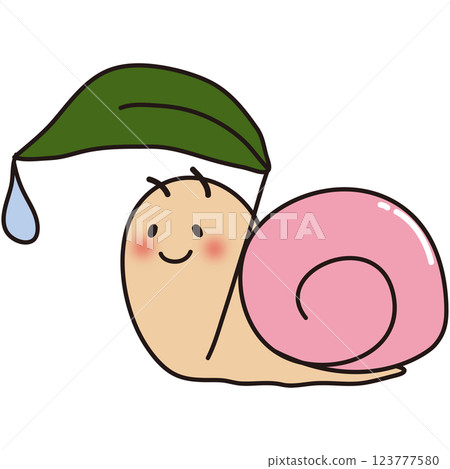 A pink snail with red cheeks holding a leaf umbrella A pink snail with red cheeks holding a leaf umbrella 123777580