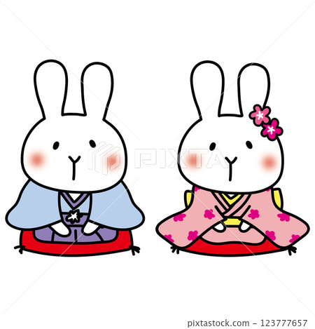 A white rabbit in a kimono giving a New Year's greeting 123777657