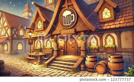 A medieval-style tavern and a fantastical streetscape lit by warm lights A medieval-style tavern and a fantastical streetscape lit by warm lights 123777737