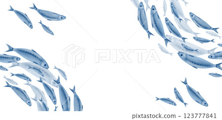 Sardine fish in a semicircular template swimming in a shoal stylized watercolor illustration on a transparent background for fish restaurants, websites, posters, fish markets and stores 123777841