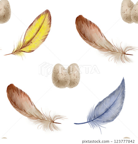 Easter seamless pattern,watercolor feathers in brown,yellow,blue and speckled beige quail eggs.Soft pastel tones,hand-painted design on transparent background for holiday,wrapping,textiles,festive 123777842