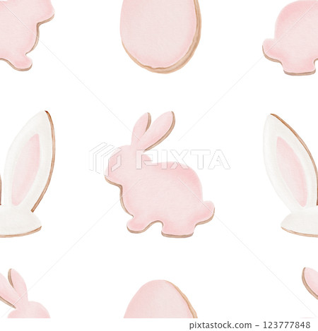 Easter seamless pattern,gingerbread cookies with icing,rabbits,eggs,rabbits ears in pastel colors.Delicate watercolor pattern on transparent background for holiday,cards,wrapping,textiles 123777848