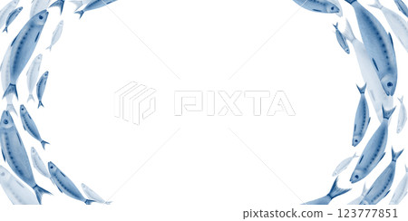 Sardine fish in a semicircular frame swimming in a shoal stylized watercolor illustration on a transparent background for fish restaurants, websites, posters, fish markets and stores 123777851