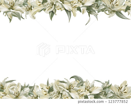 Template of double border of white lilies in digital watercolor clipart as a symbol of purity and innocence.Decoration for sites,wedding,Communion,christening,decoration of religious printed products Template of double border of white lilies in digital watercolor clipart as a symbol of purity and innocence.Decoration for sites,wedding,Communion,christening,decoration of religious printed products 123777852
