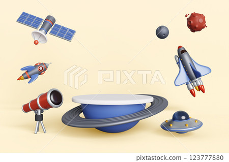 3d kids podium with space shuttle, rocket, planets, telescope, ufo alien spaceship, satellite for product display. Blue hemisphere game platform with ring and flying cosmic objects. 3D illustration 123777880