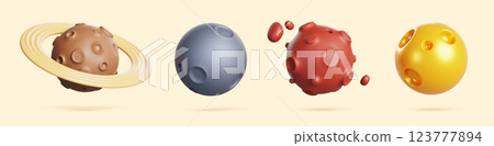 3d planets of solar system Mars, Saturn, Sun and Moon with craters on surface. Cartoon render of galaxy objects isolated on background. Astronomy science and space exploration concept. 3D illustration 123777894