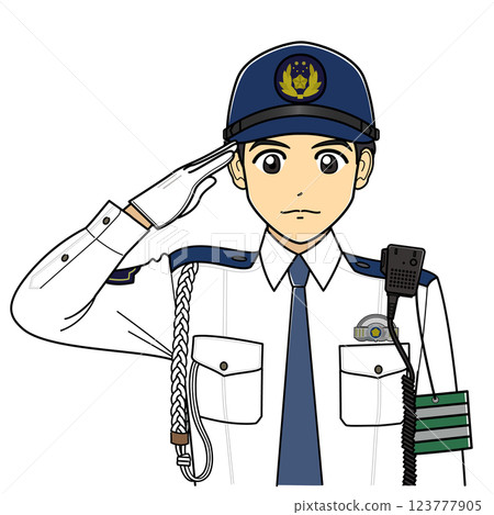 A male police officer in a white shirt saluting 123777905