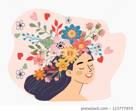 illustration of portrait of a Happy lady with flowers inside. 123777959